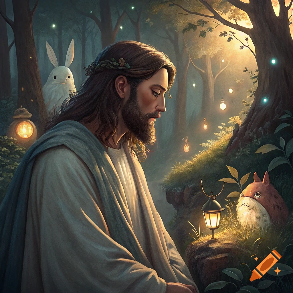 Painterly illustration of Jesus sitting in a mystical forest with a large white rabbit and Totoro.