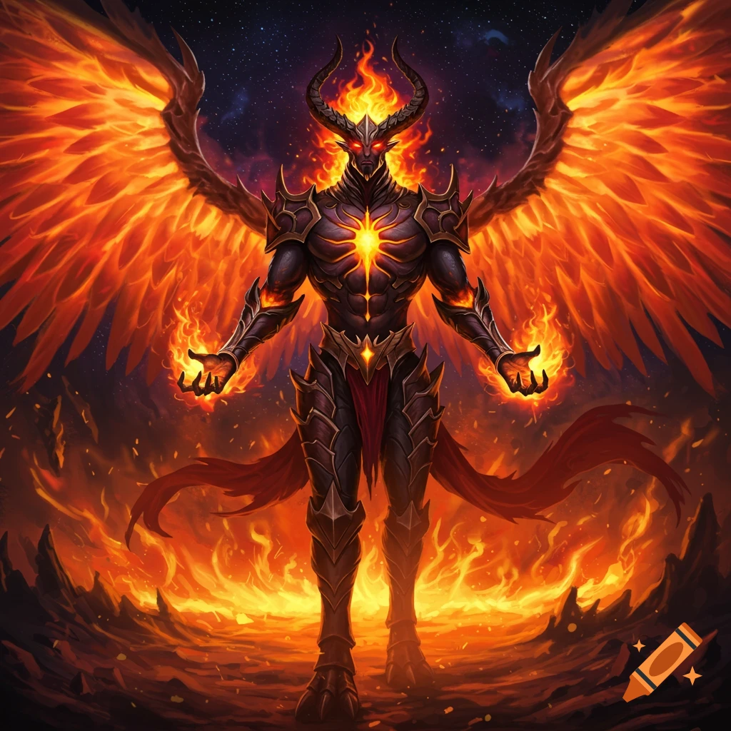 A powerful winged demonic creature with horns and fiery eyes stands in a landscape of flames and rocks.