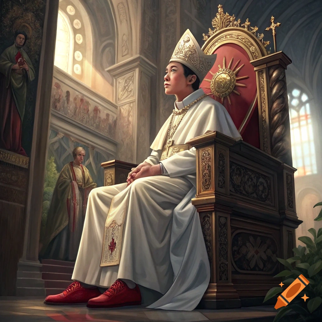 Person in white papal robes and red shoes sits on a throne in a detailed church interior, painterly style.