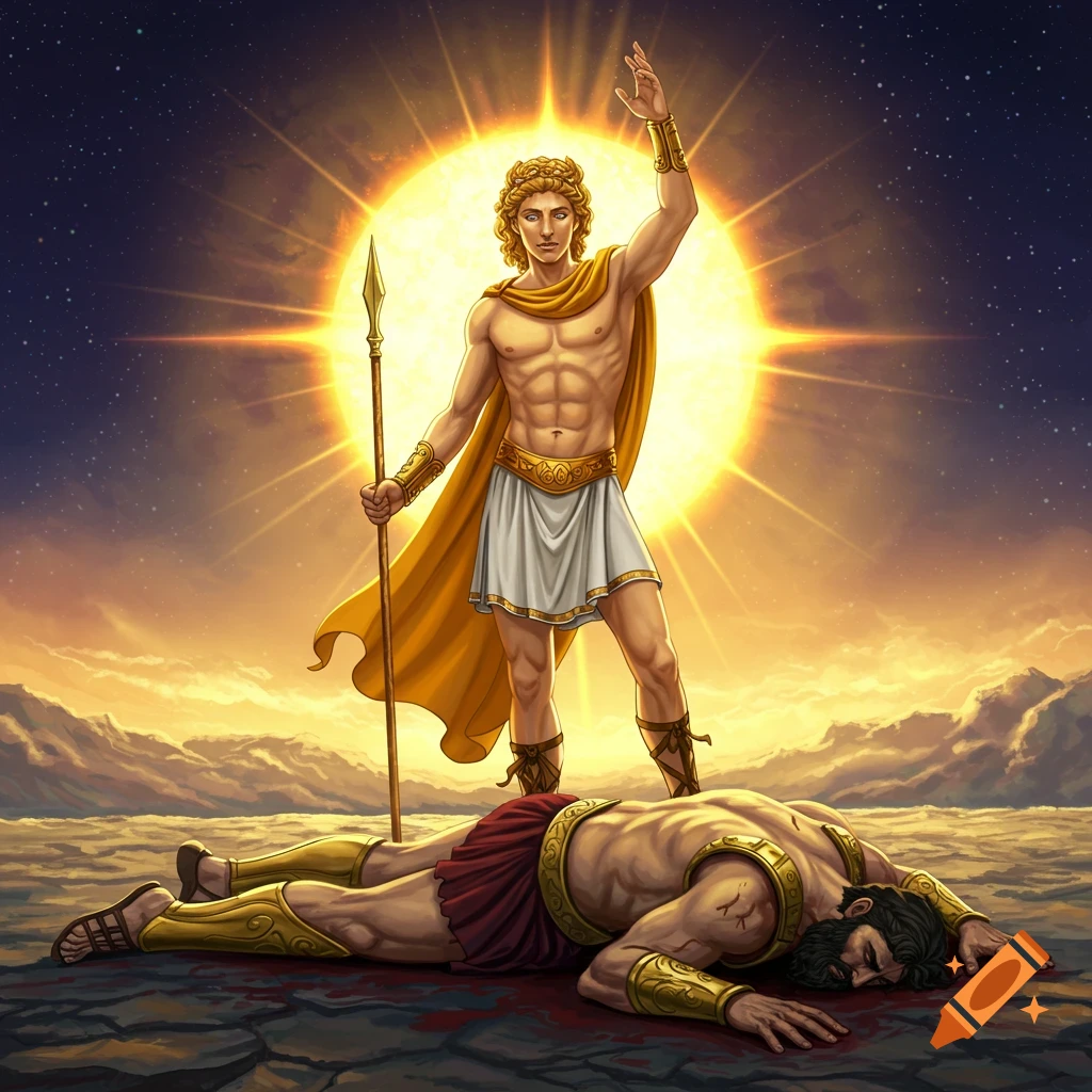 The Greek god Apollo stands over a fallen Ares, holding a spear against a backdrop of a large sun and a starry sky.