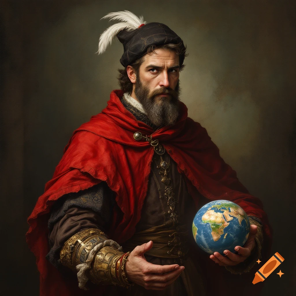 A bearded man in historical attire and a red cloak holds a small globe in a painting.