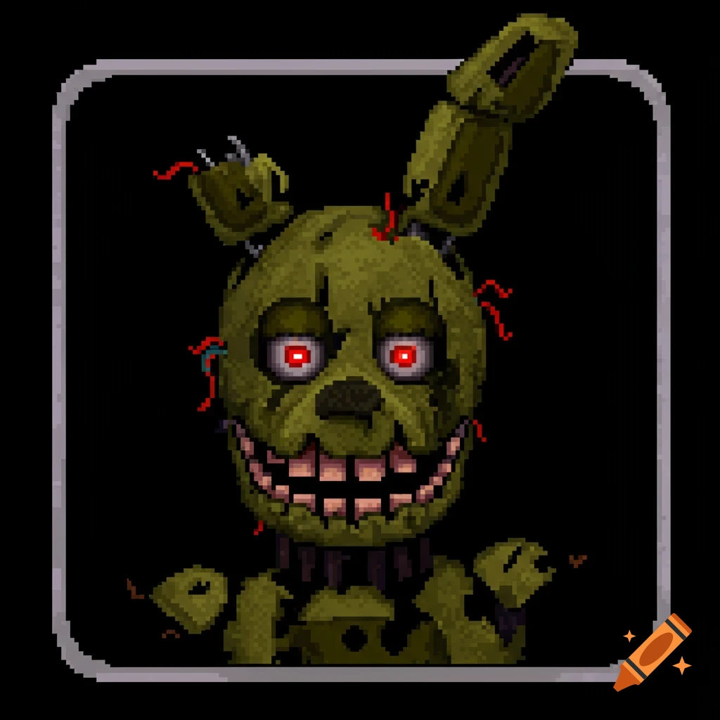 Pixel art icon of Springtrap, a creepy green rabbit animatronic from Five Nights at Freddy's, with red eyes and sharp teeth.