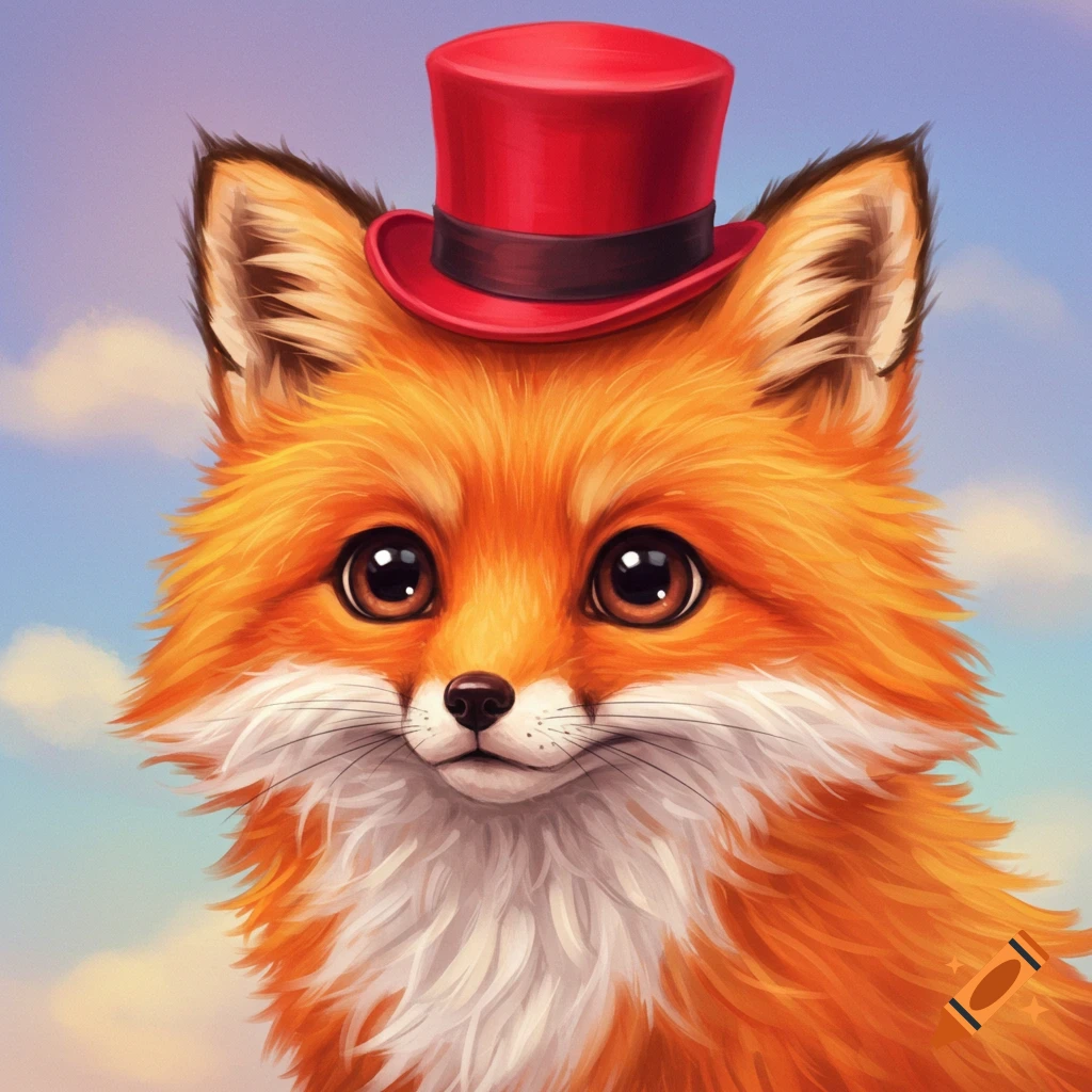 A cute fox wearing a red top hat.