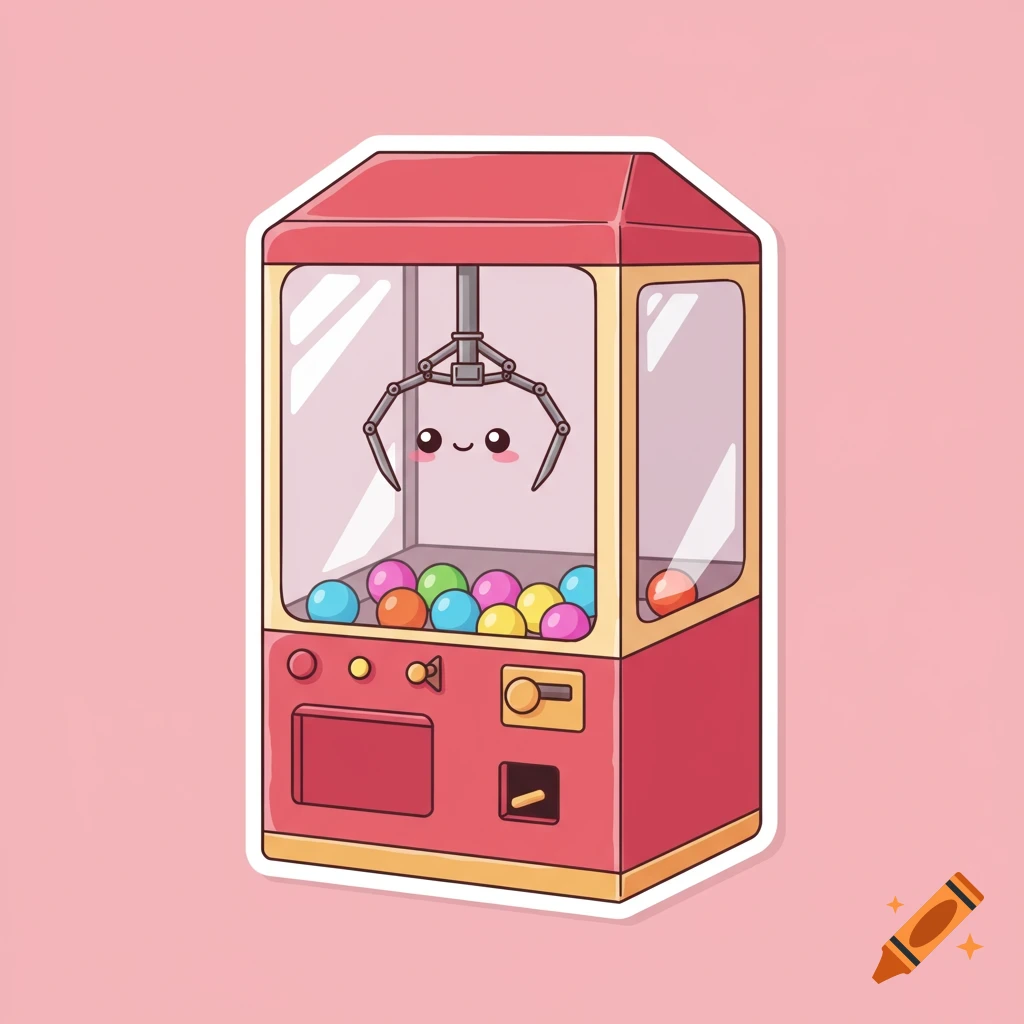 Cute cartoon claw machine sticker with a face on the claw, filled with colorful balls, on a pink background.