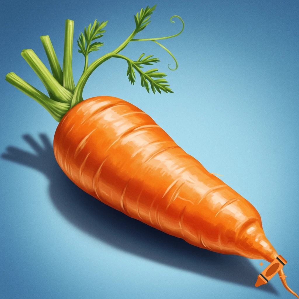 A close-up of an orange carrot with green leaves on a blue background.
