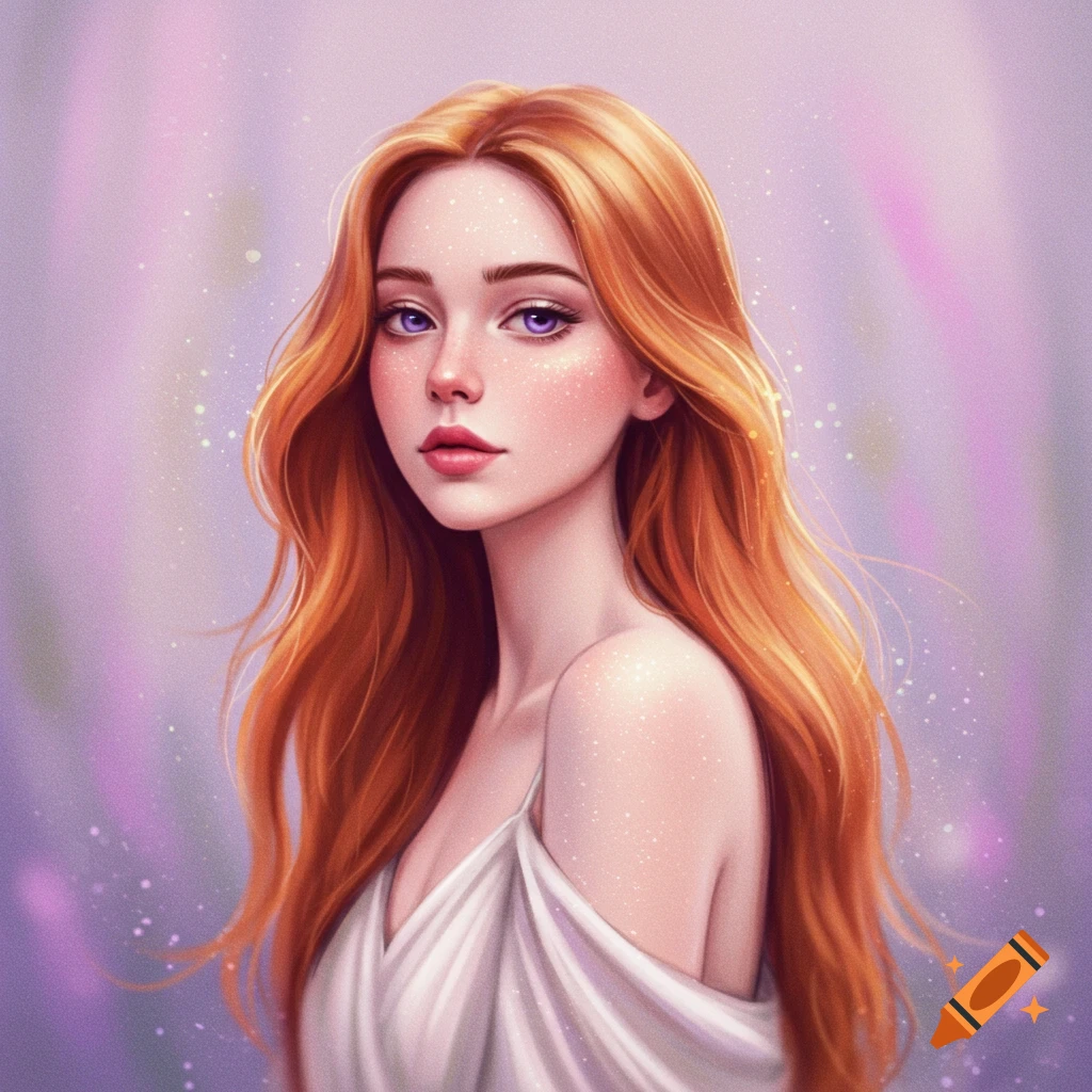 A woman with long red hair and purple eyes in a white dress.