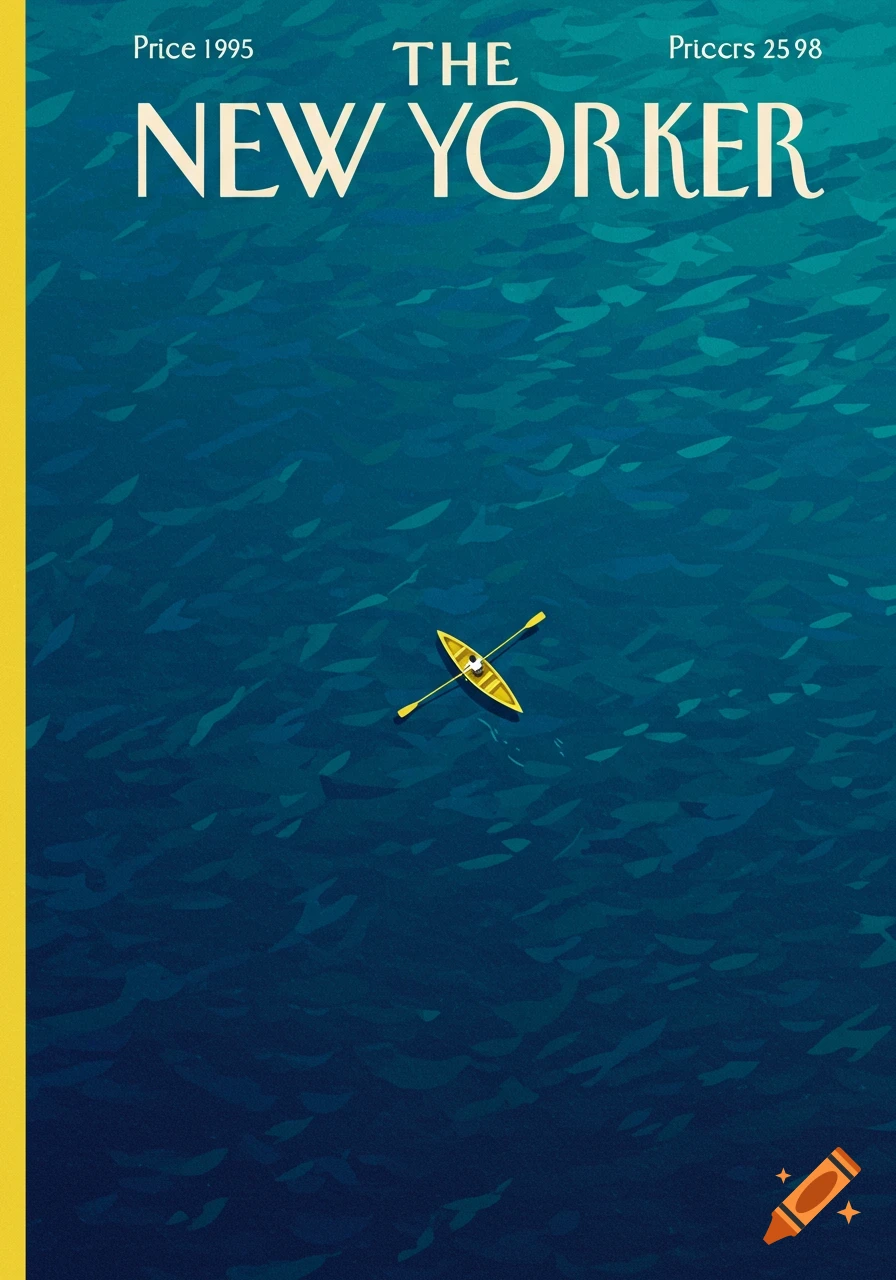 Overhead view of a person in a yellow rowboat on blue water, with 'The New Yorker' magazine cover text and prices