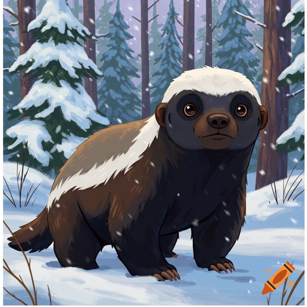 A stylized image of a honey badger in a snowy forest with falling snow.