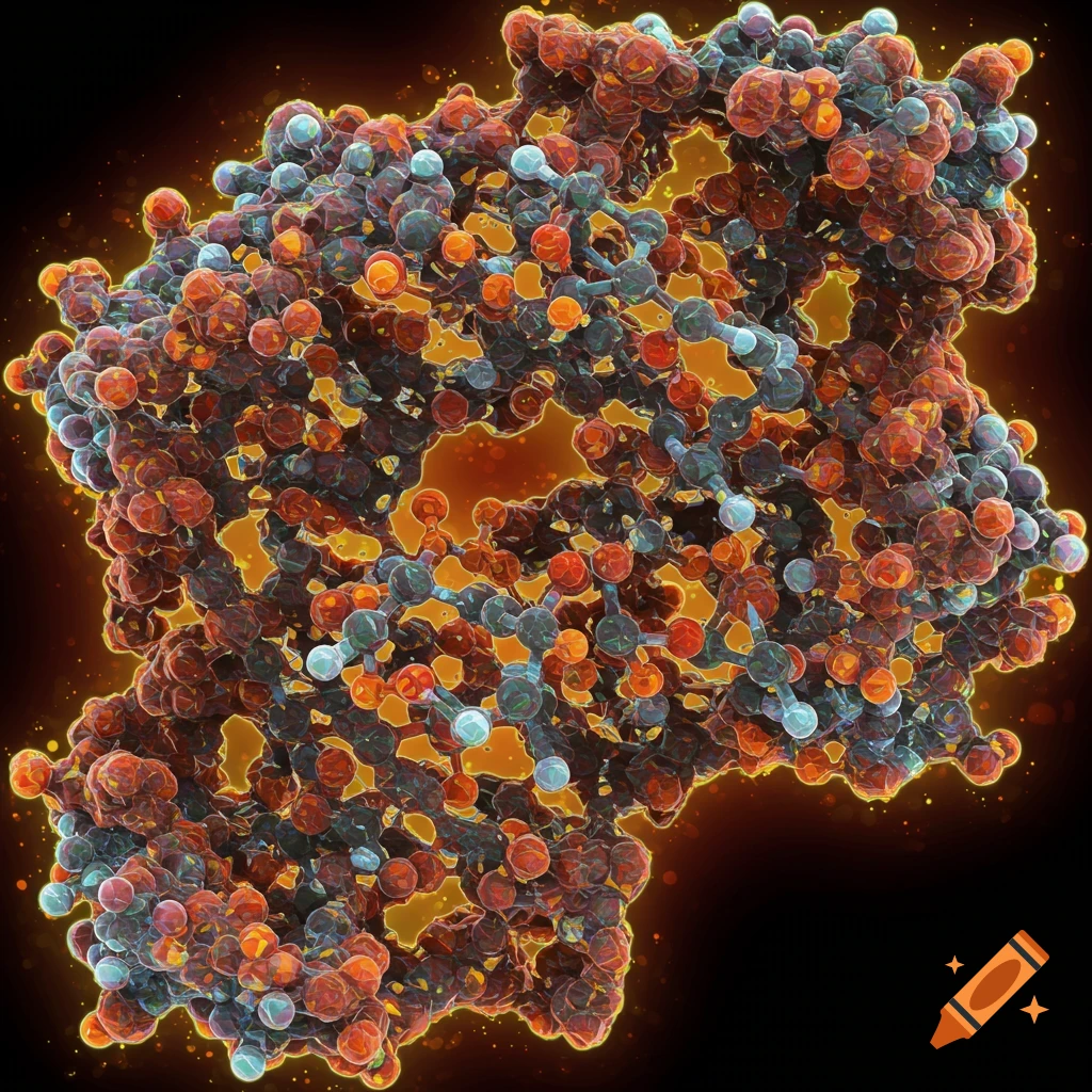 A detailed molecular structure rendered digitally with spheres and rods in shades of red, orange, grey, and blue.