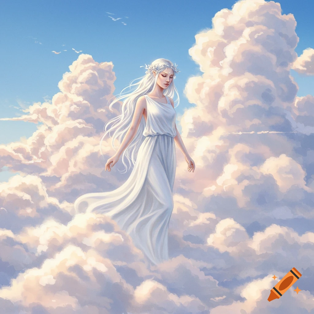 a goddess in a white dress standing among clouds