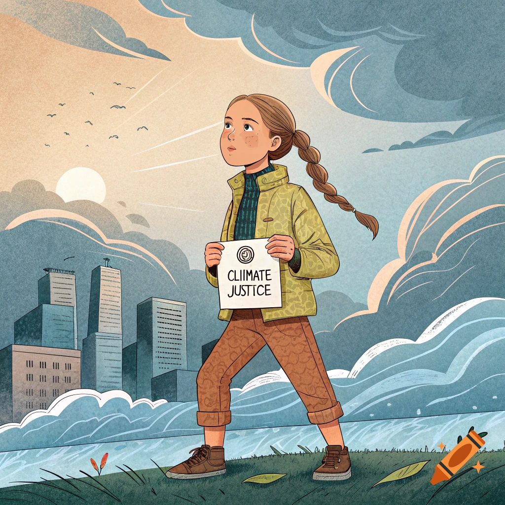 Illustration of a young person with a braided ponytail holding a 'CLIMATE JUSTICE' sign, walking by water with a city behind.