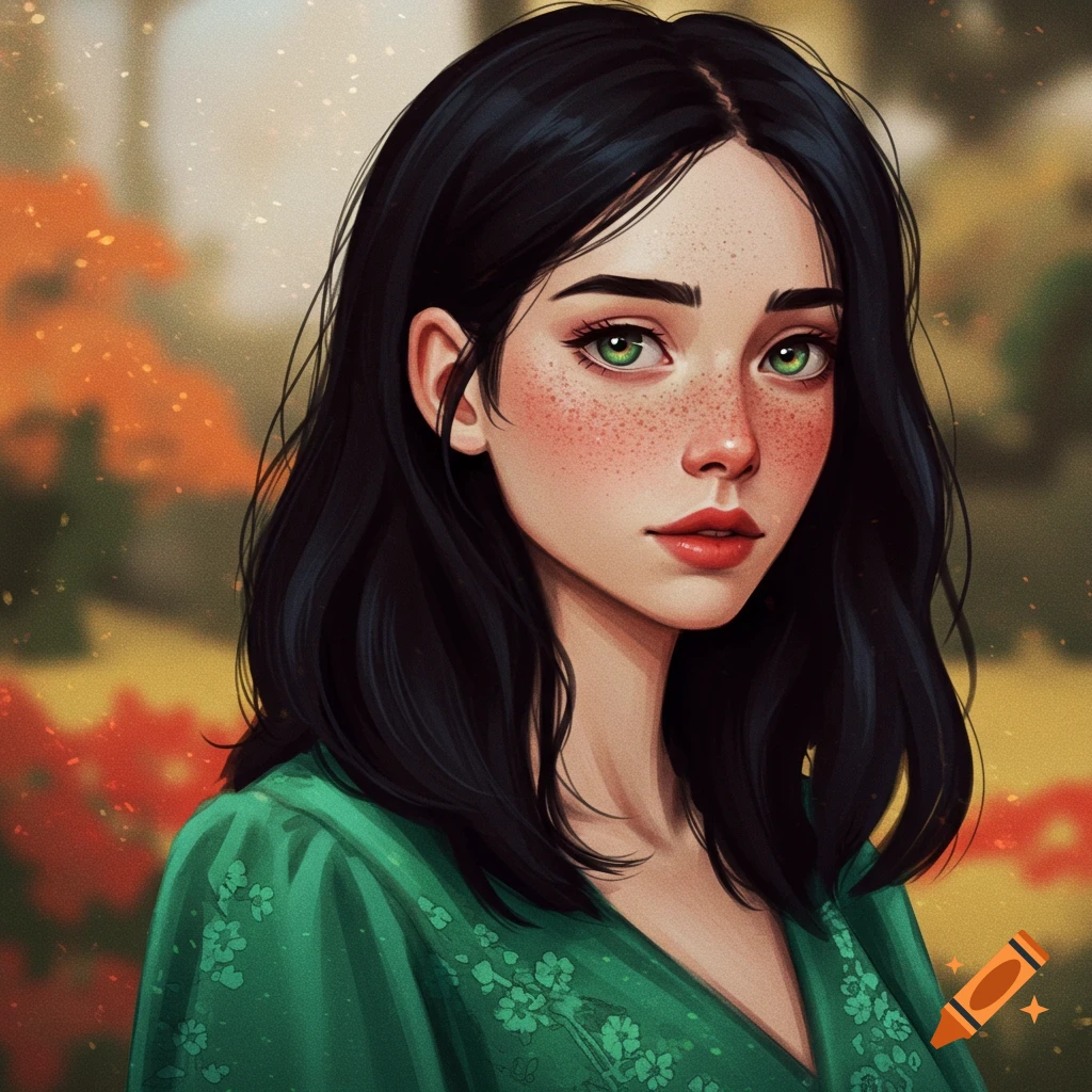 A portrait of a young woman with freckles, black hair, and green eyes in a green dress.