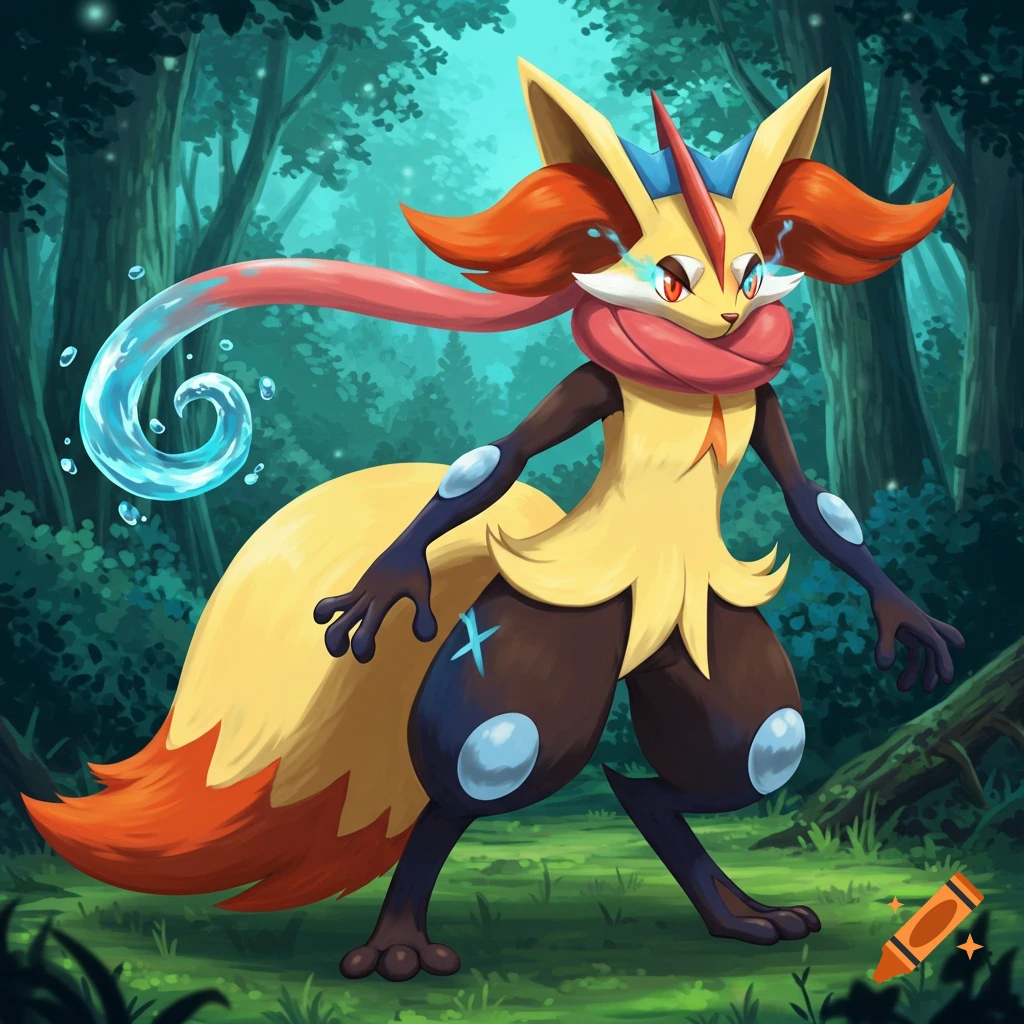 Illustration of a Delphox and Greninja hybrid creature in a forest.