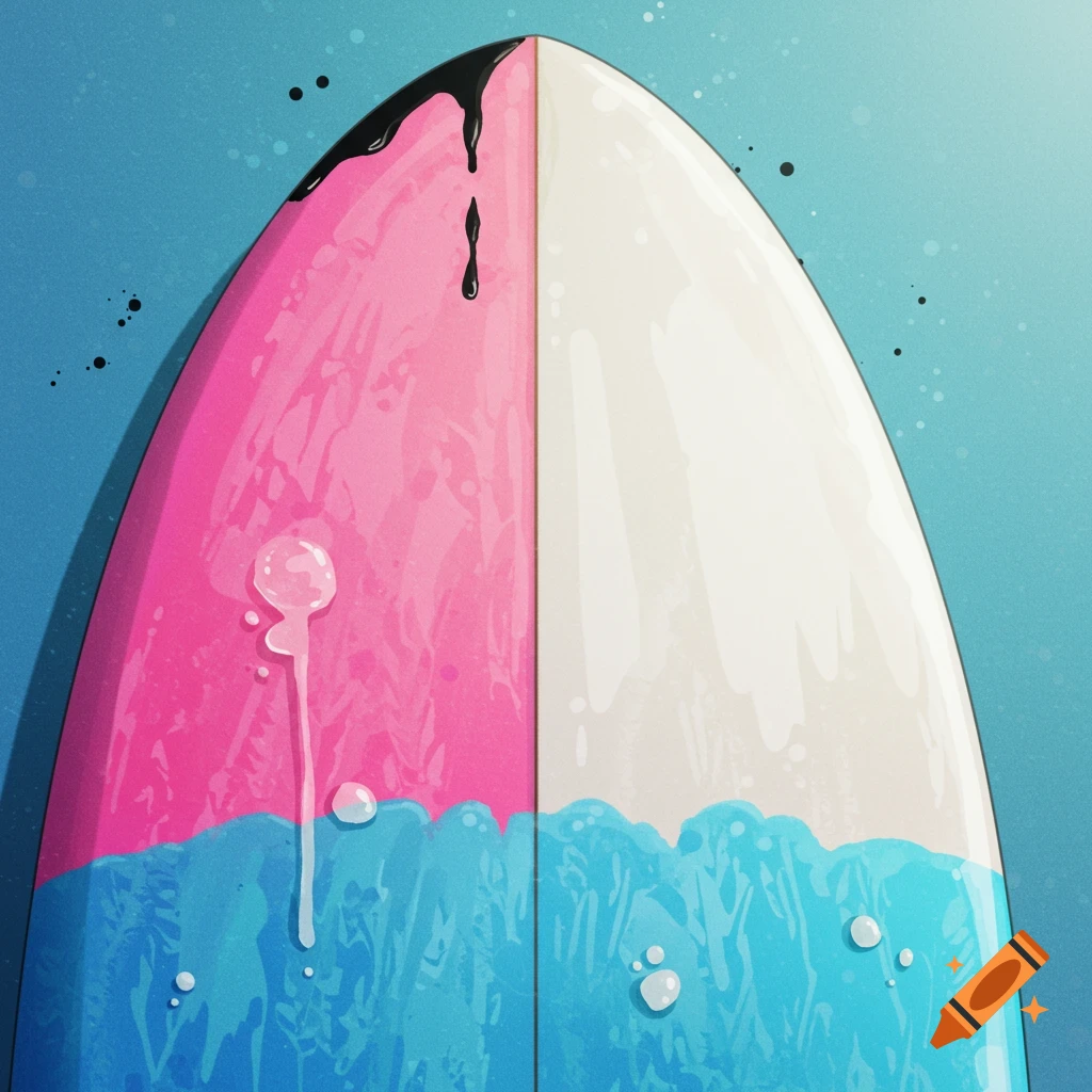 A pink, white, and blue surfboard with black drips and water droplets.