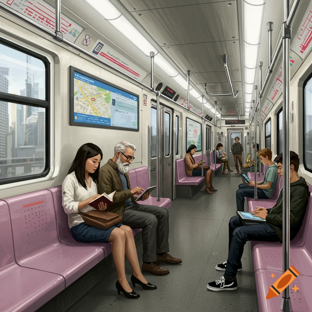 People riding a subway train, reading and using devices.