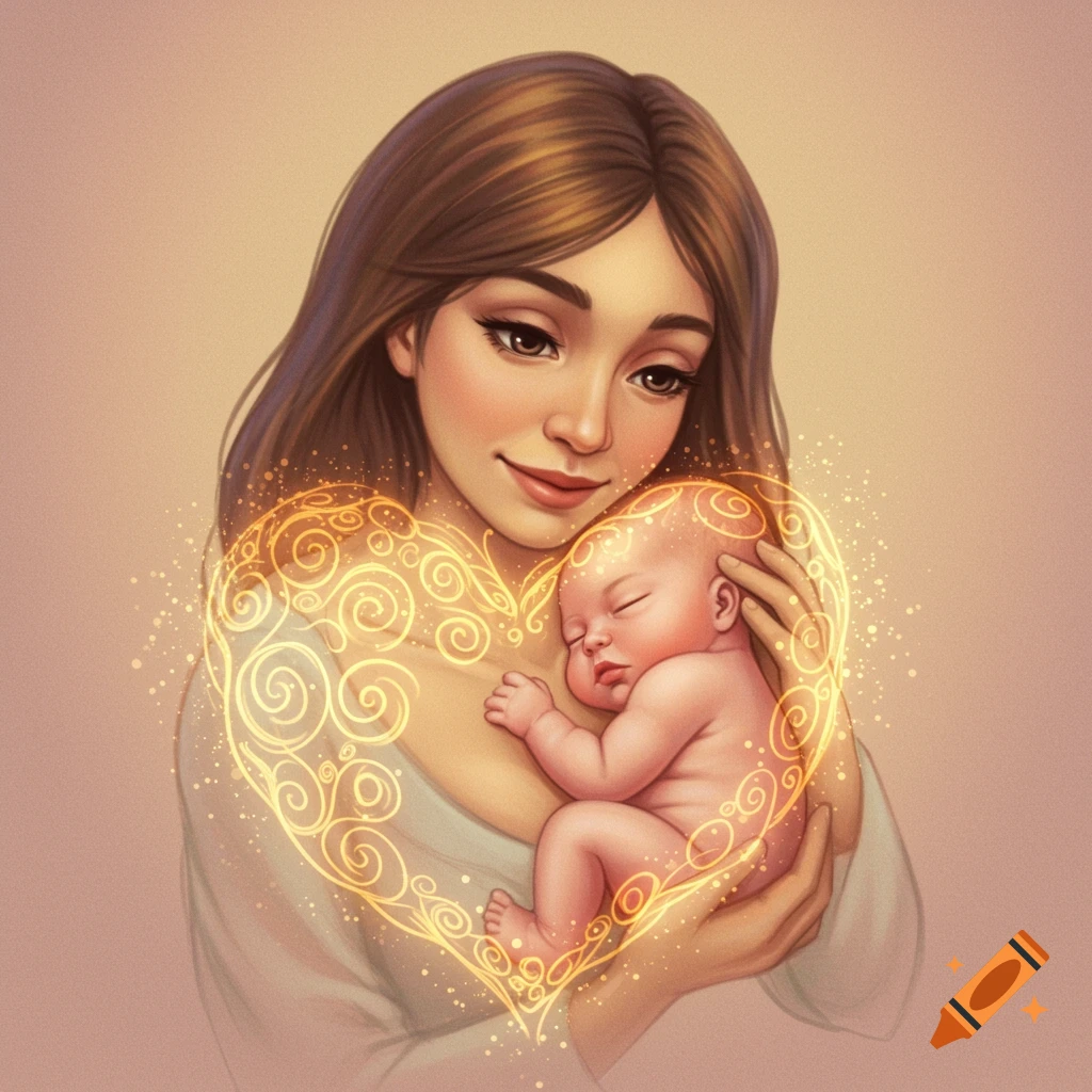 A mother is holding a baby in her arms, surrounded by a glowing golden heart.