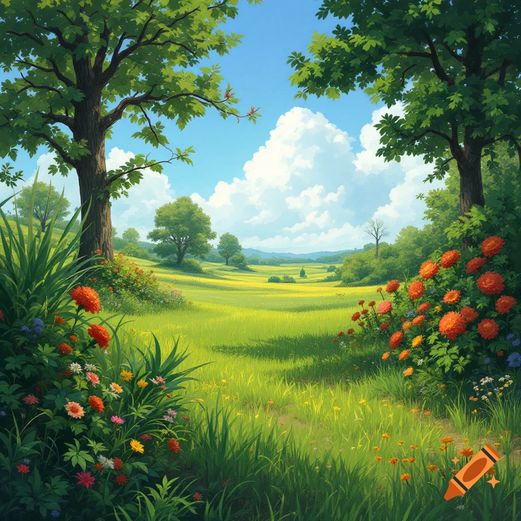 A sunny meadow landscape with trees and colourful flowers.