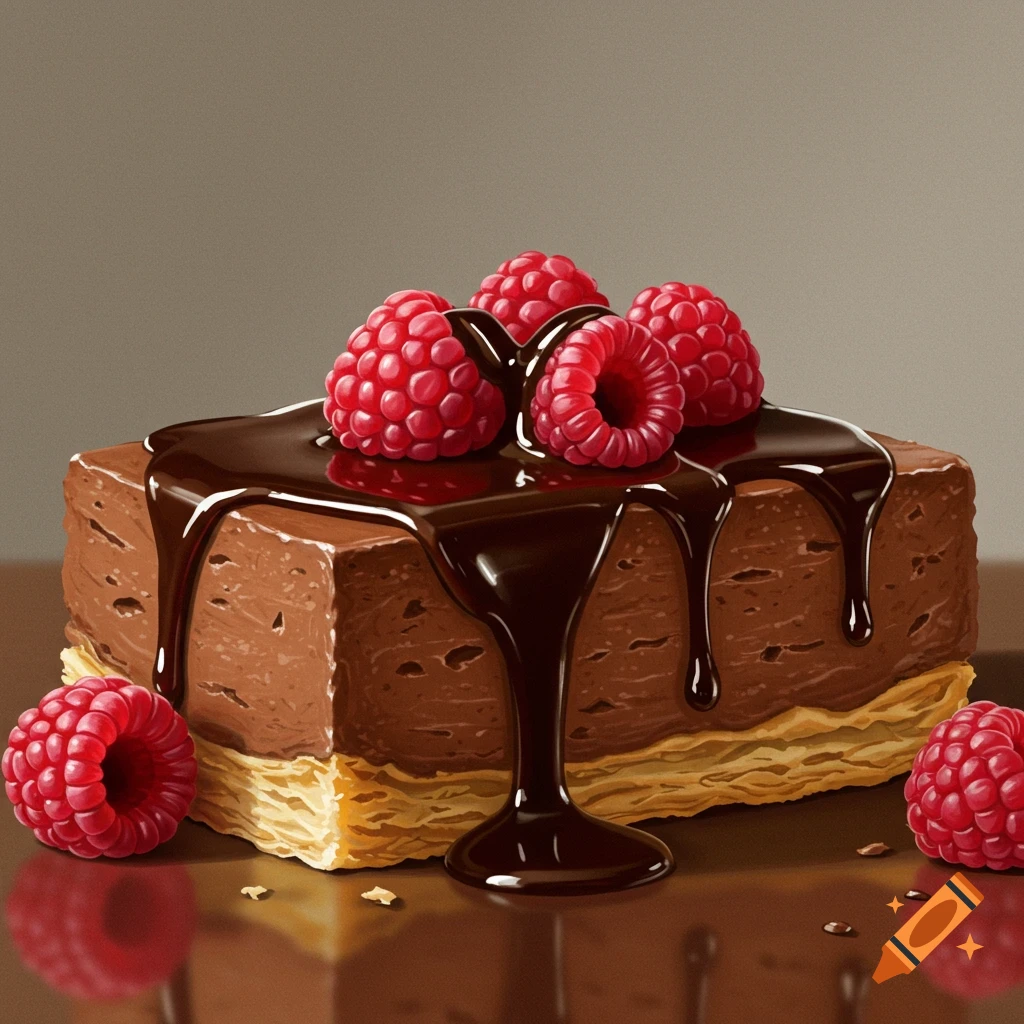 A slice of chocolate dessert with raspberries and chocolate drizzle