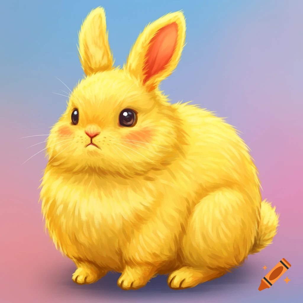 A fluffy yellow rabbit sits against a pink and blue background.