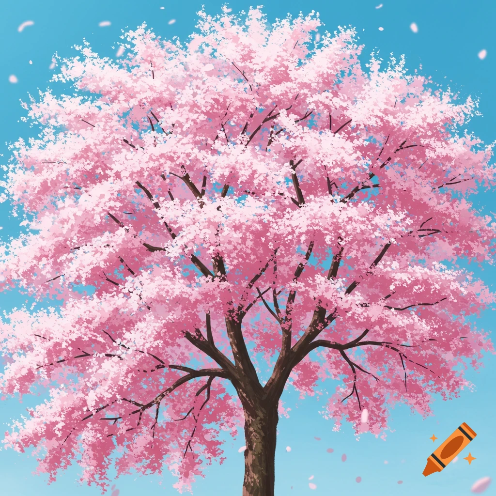 A large cherry blossom tree with pink flowers against a blue sky.