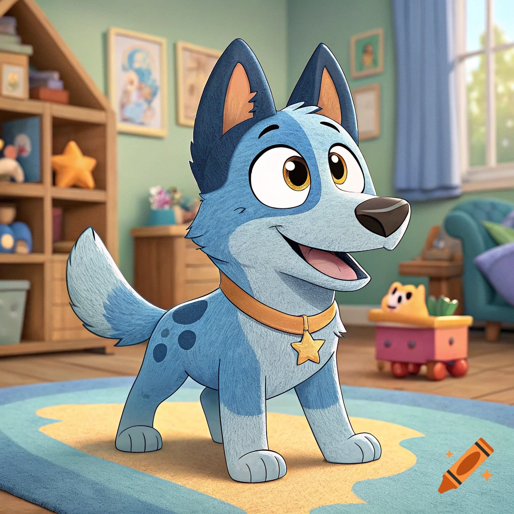A cartoon blue dog resembling Bluey stands in a colorful room.