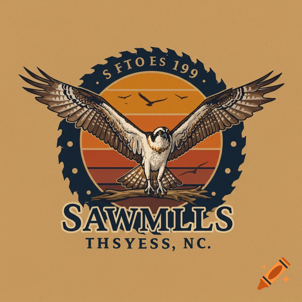 Vintage style logo illustration featuring an osprey with outstretched wings perched on a branch, in front of a sunset and surrounded by a saw blade border with text.