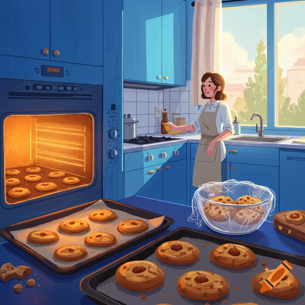 A woman bakes cookies in a blue kitchen.