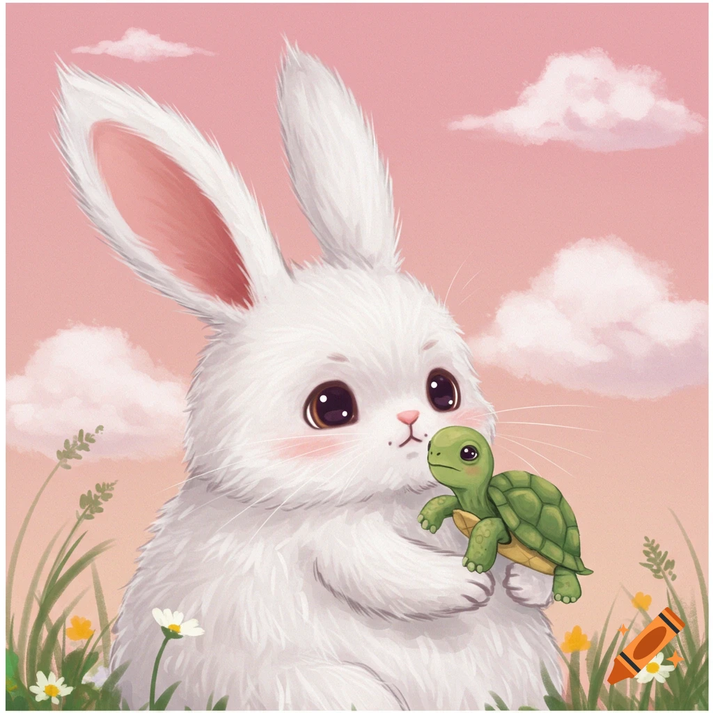Cute white bunny holding a small green turtle in a field under a pink sky.