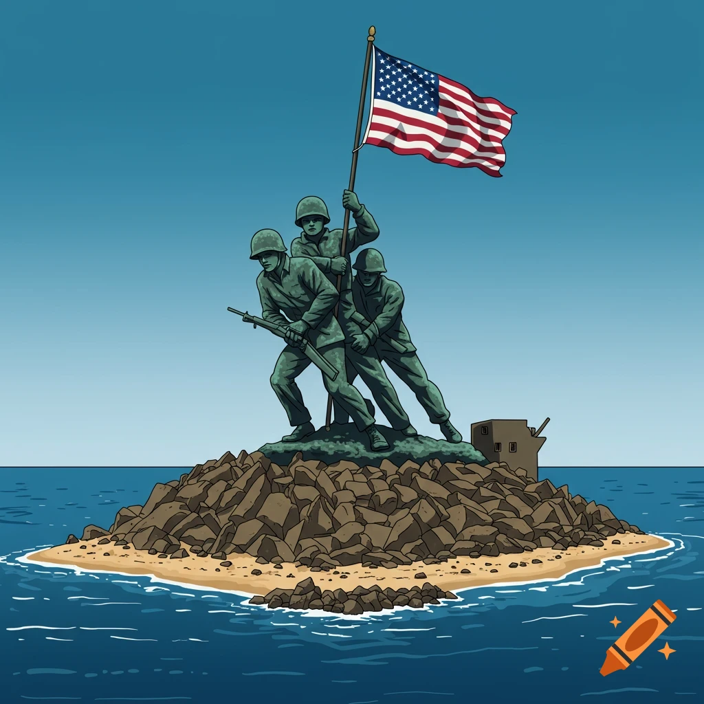 Cartoon illustration of soldiers raising the American flag on a rocky island.