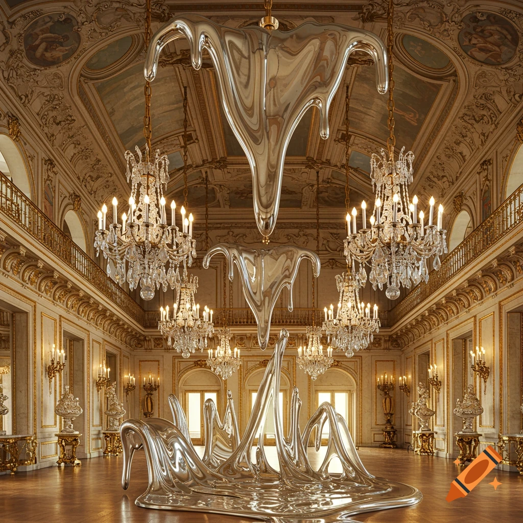 Shiny melting chandelier sculptures in an ornate ballroom, digital art
