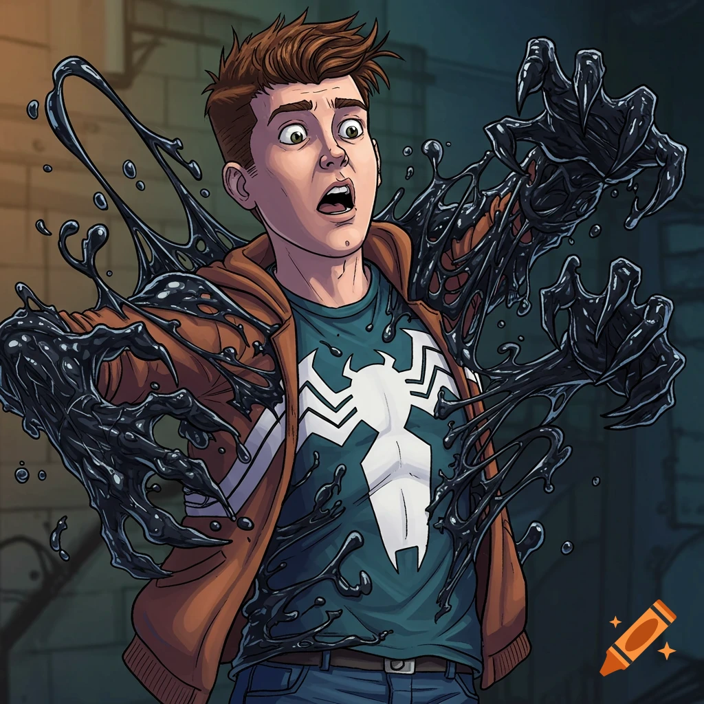 Comic book style image of a person being covered by the black Venom symbiote while wearing a Spider-Man shirt.