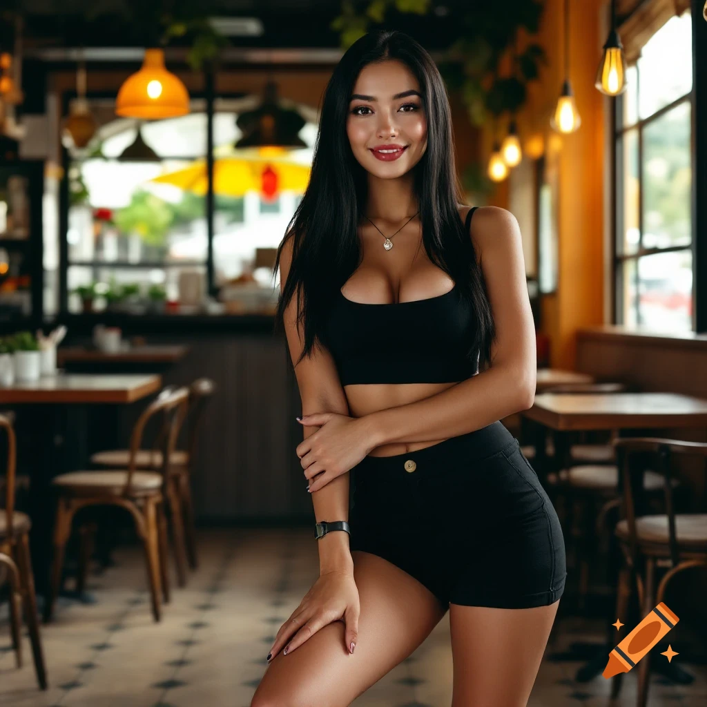 Photorealistic portrait of a woman in a black crop top and shorts in a restaurant.