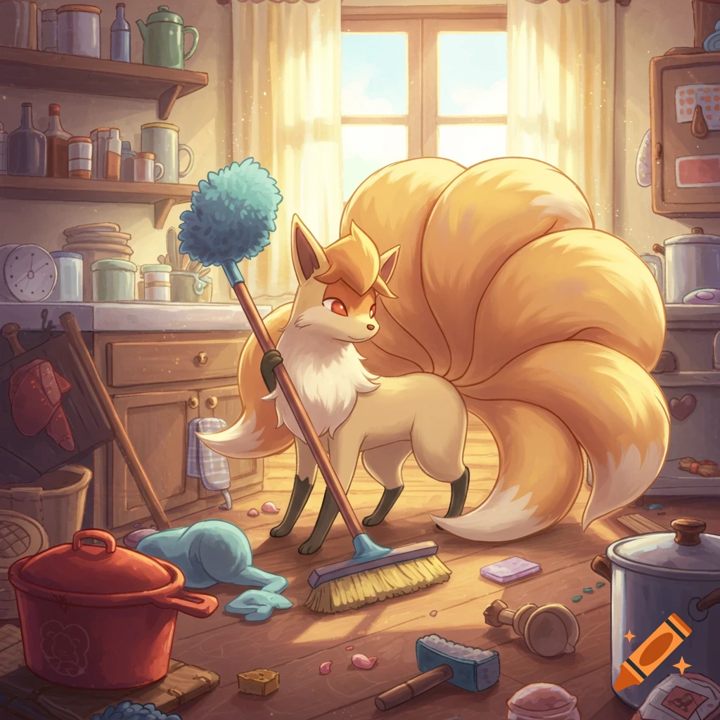 A Ninetales Pokemon character stands in a messy kitchen holding a broom and duster, ready to clean.