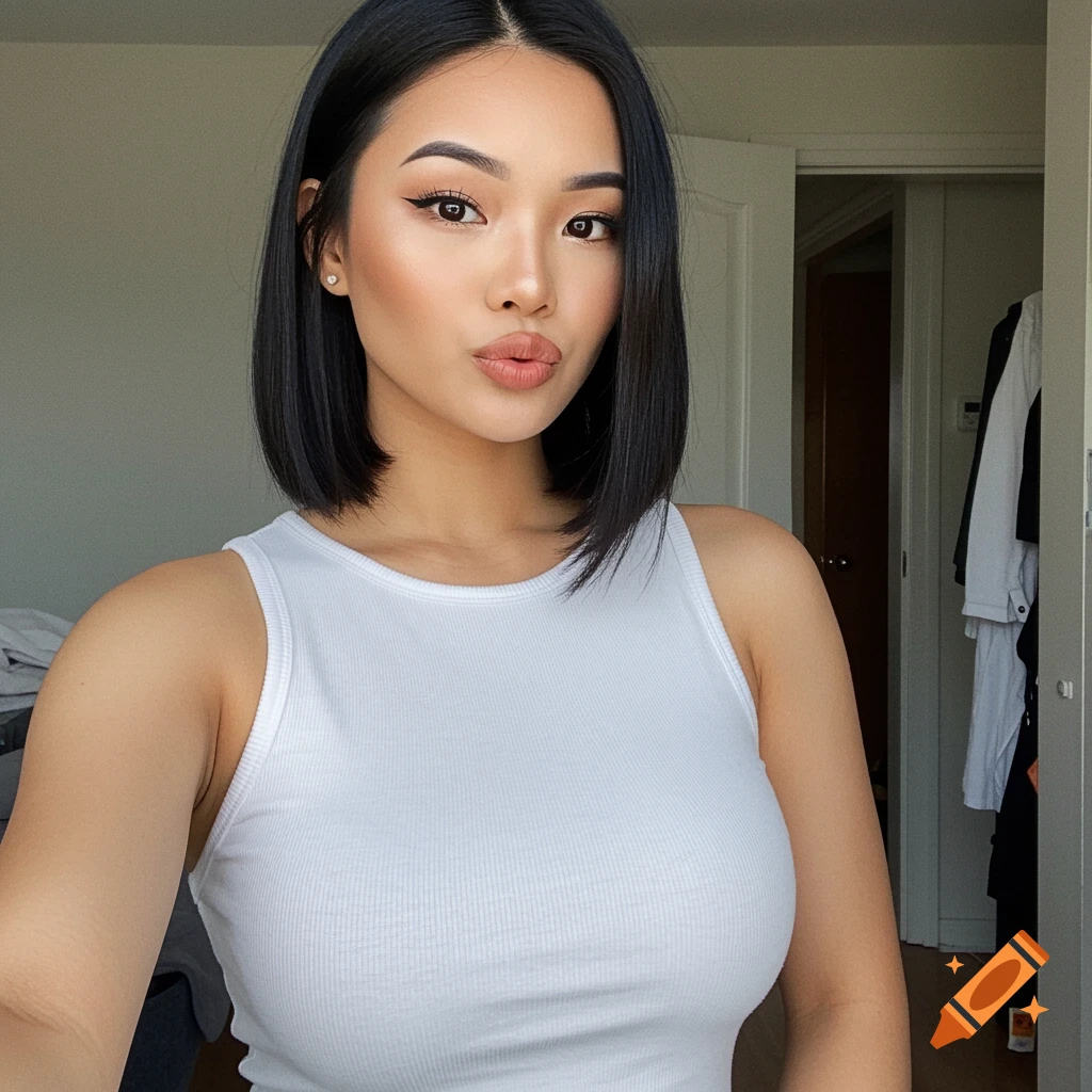 A woman in a white tank top takes a selfie, making a kissy face.