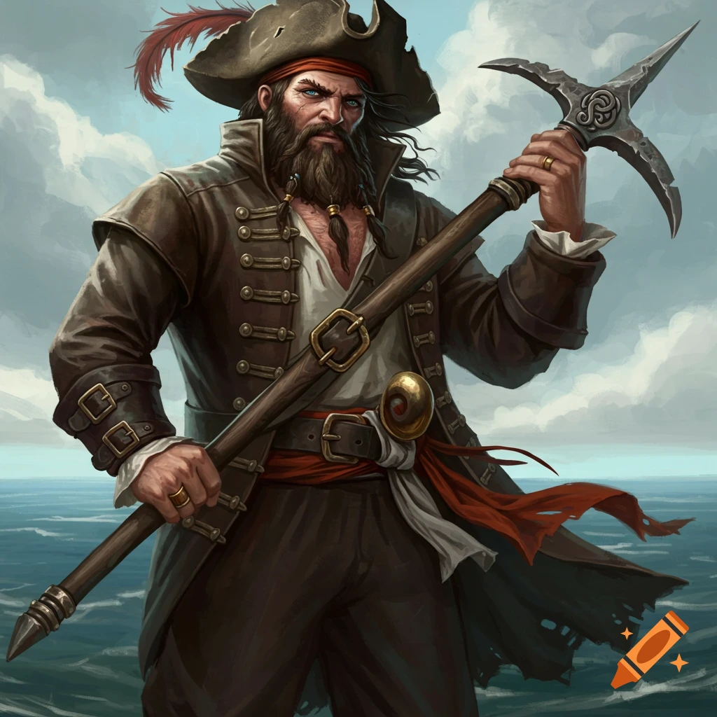A bearded pirate holding a pike against a cloudy sky and sea.