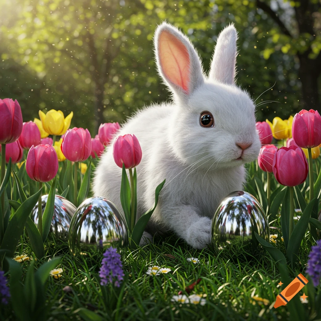 A realistic white bunny sits amongst pink and yellow tulips and chrome Easter eggs in green grass.