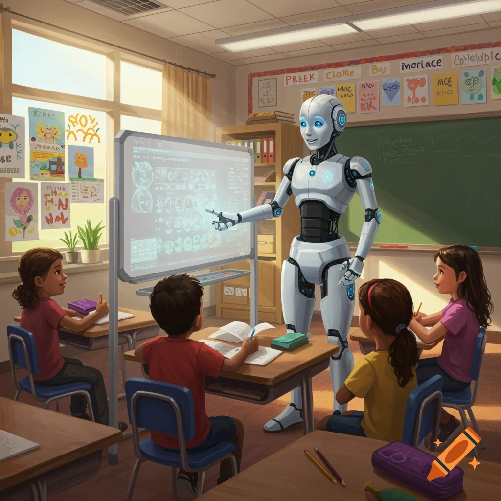 A robot teacher is in a bright classroom with students.