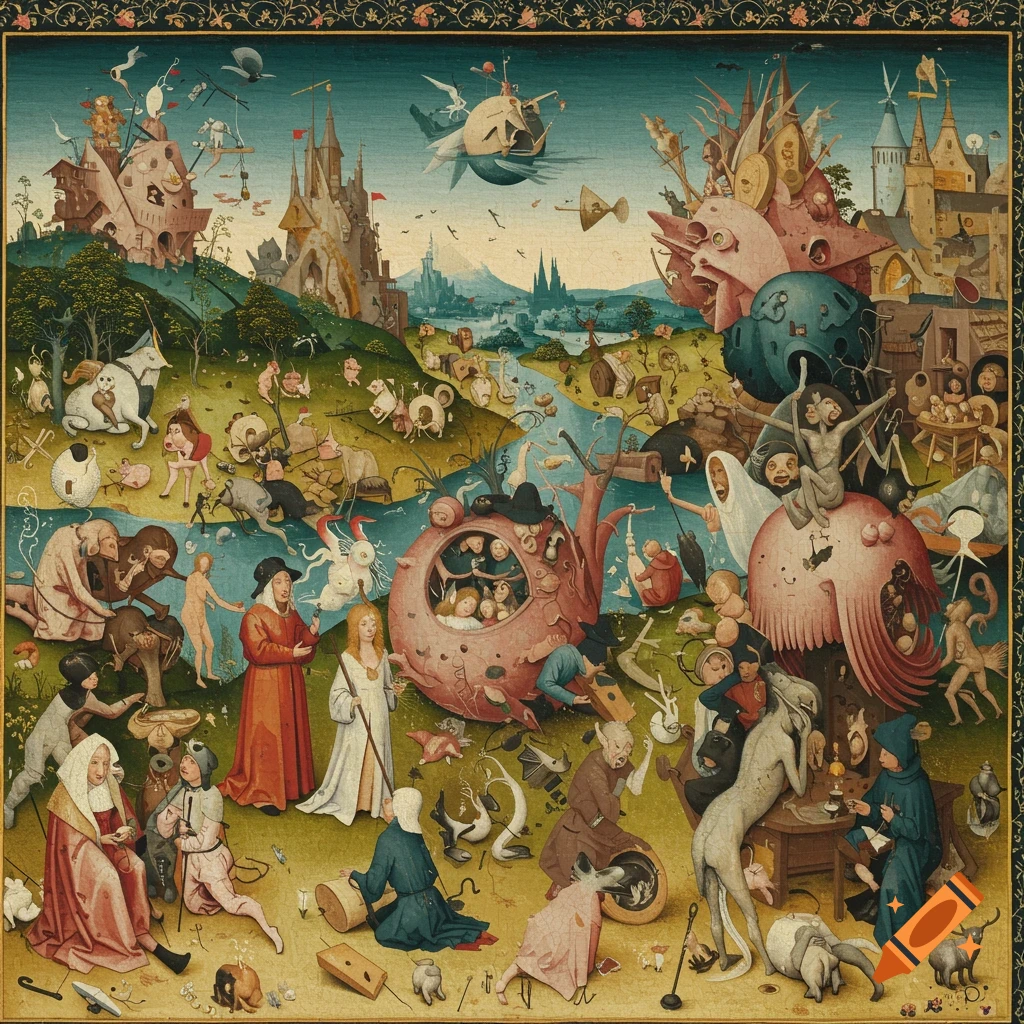 A surreal, fantastical landscape painting filled with bizarre figures and creatures in the style of Hieronymus Bosch.