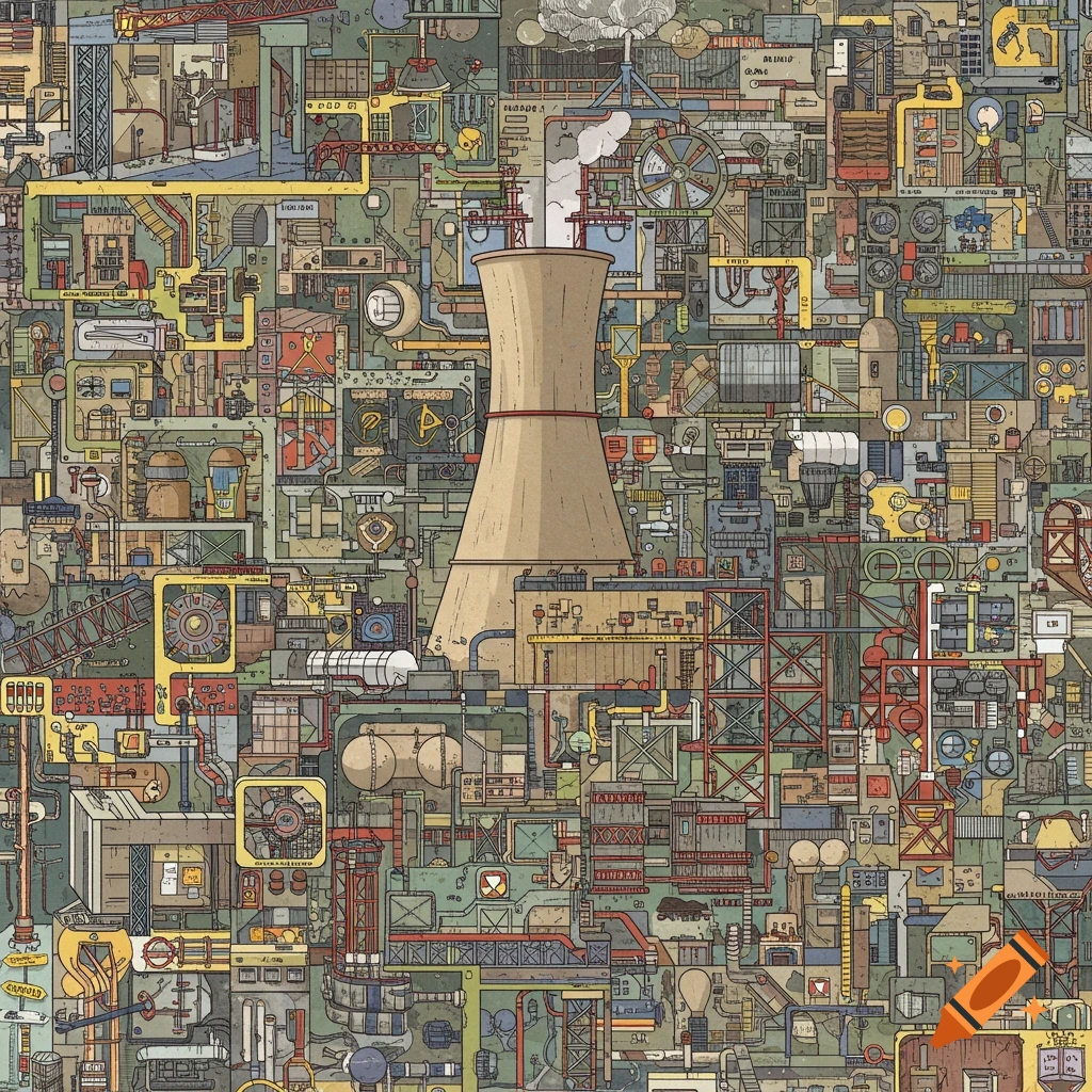 Detailed, schematic illustration of a complex industrial plant with pipes, gears, and structures surrounding a large cooling tower.