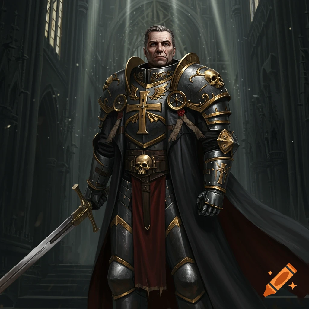 A stern man in ornate armor and cape holding a sword in a gothic church.