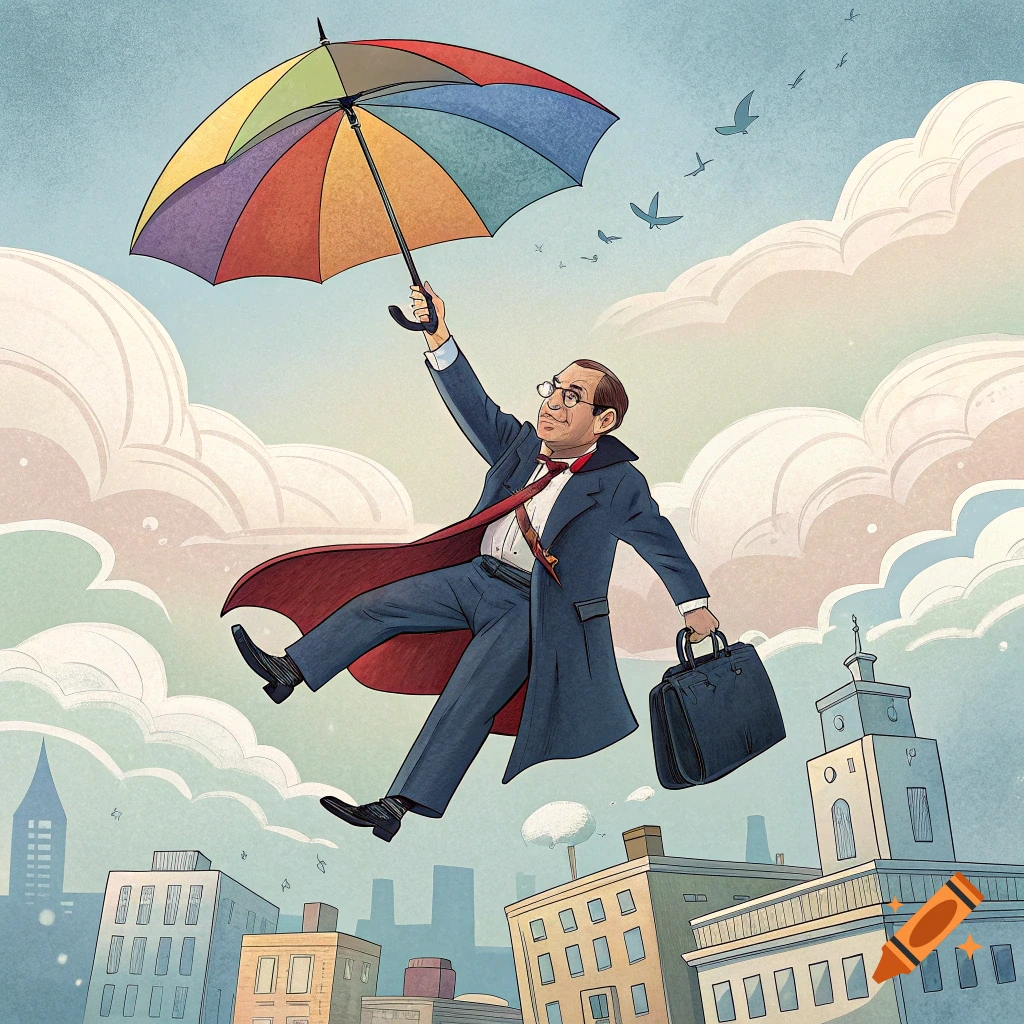 Illustration of a man in a suit flying over a city with a colorful umbrella.