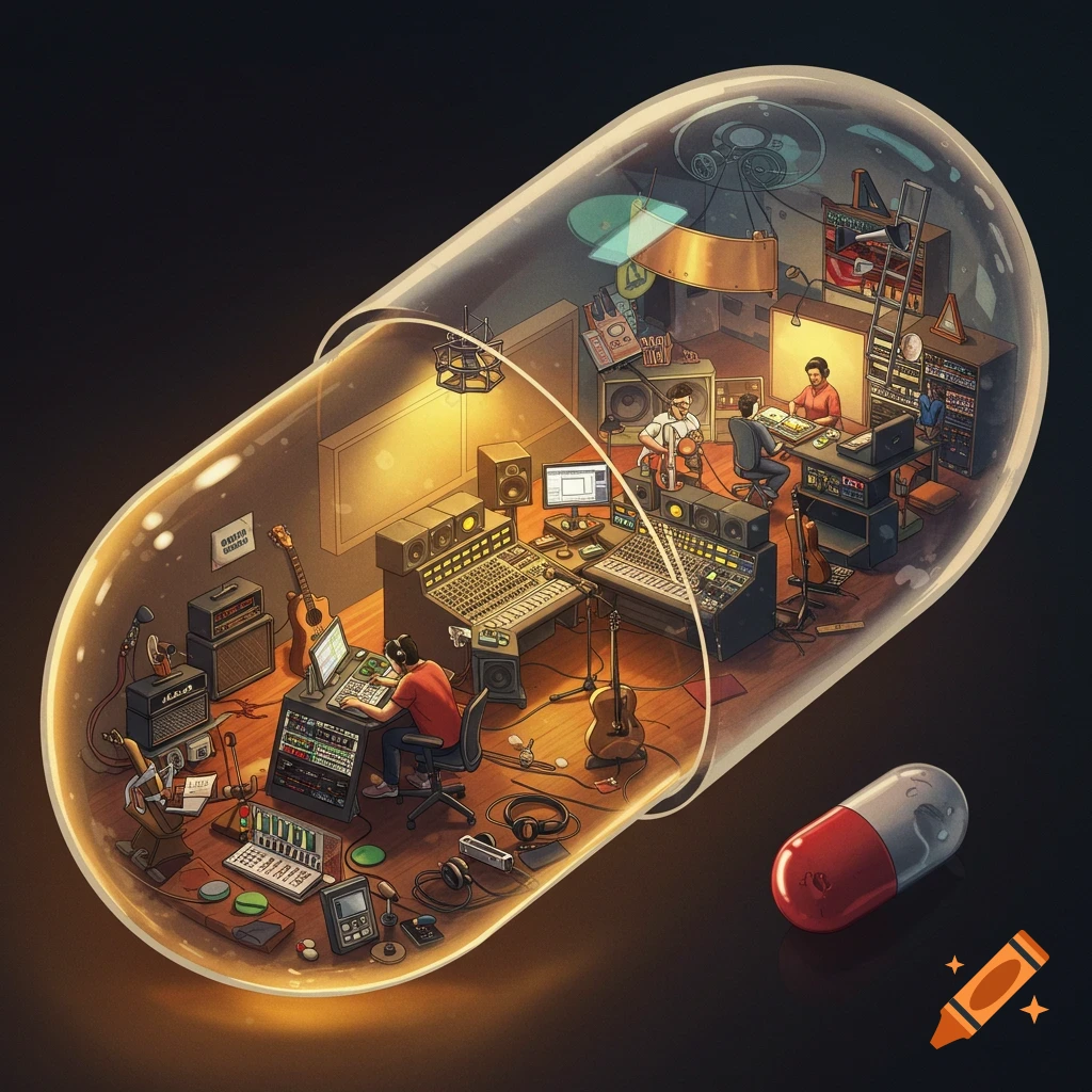 A detailed music recording studio contained within a translucent medicine capsule, with a smaller capsule beside it.