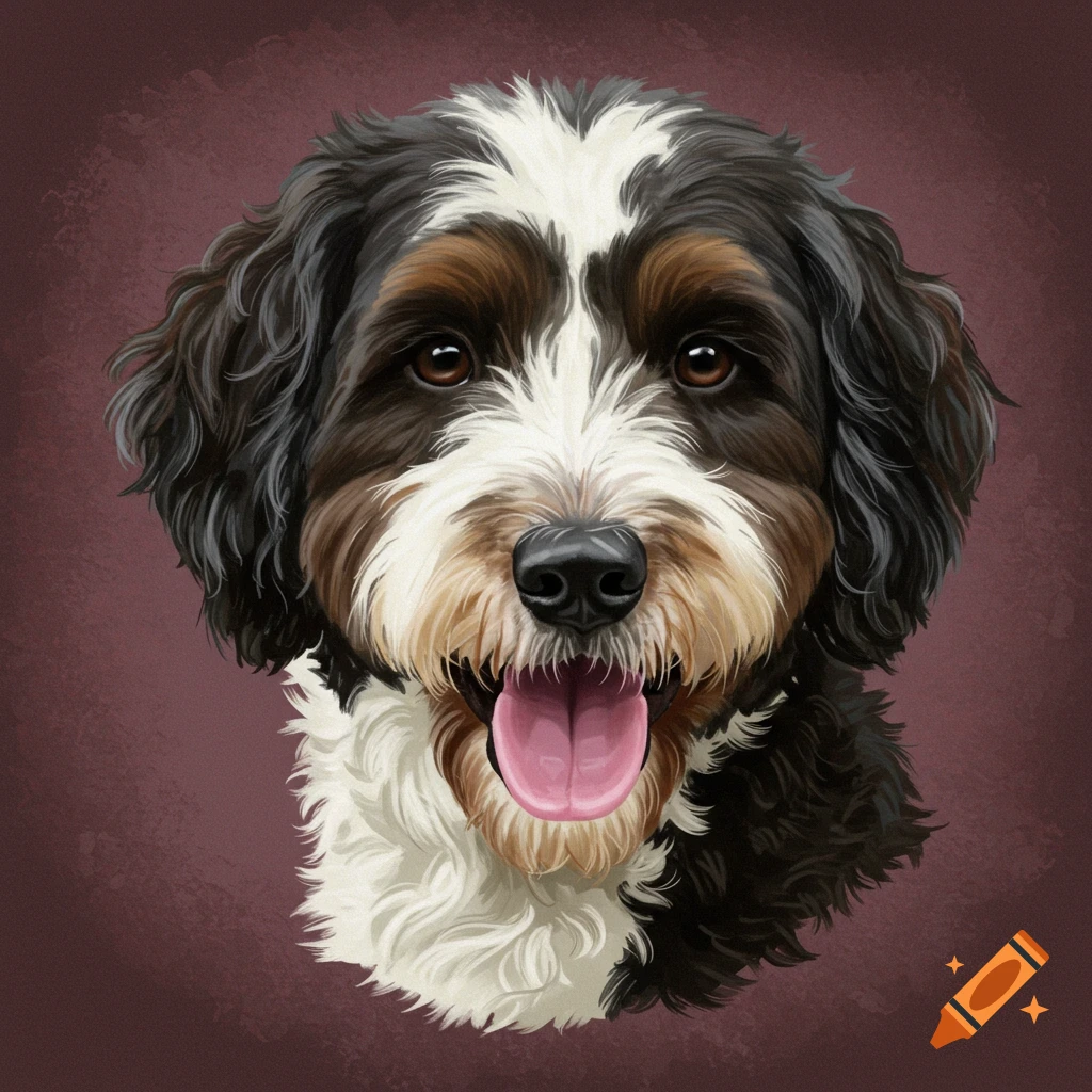 A headshot of a Bernedoodle-type dog with its tongue out.