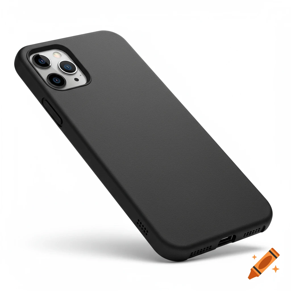 A black iPhone case is shown at an angle on a white background.