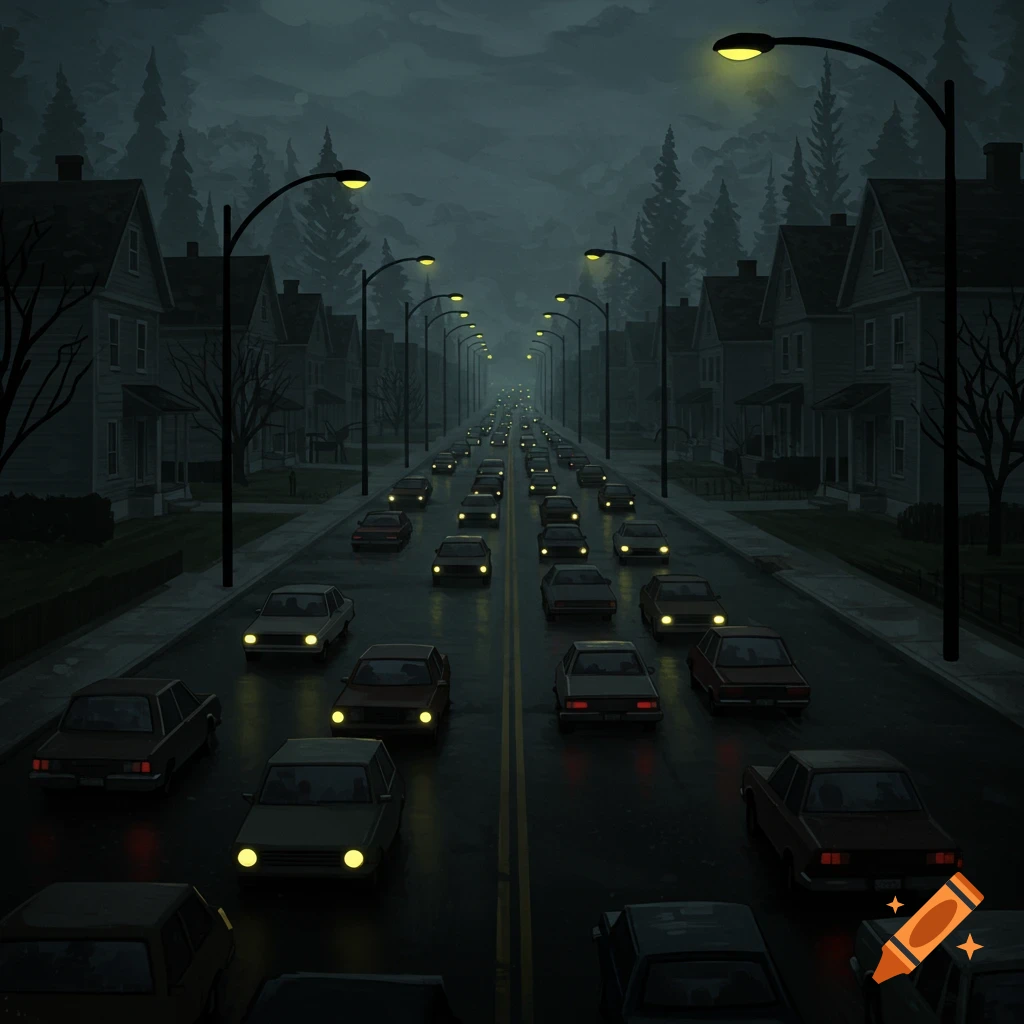 A dark suburban street with heavy traffic and streetlights.