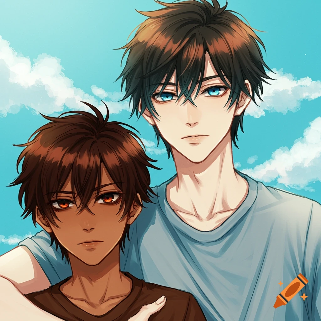 Anime portrait of two young men against a blue sky with clouds.