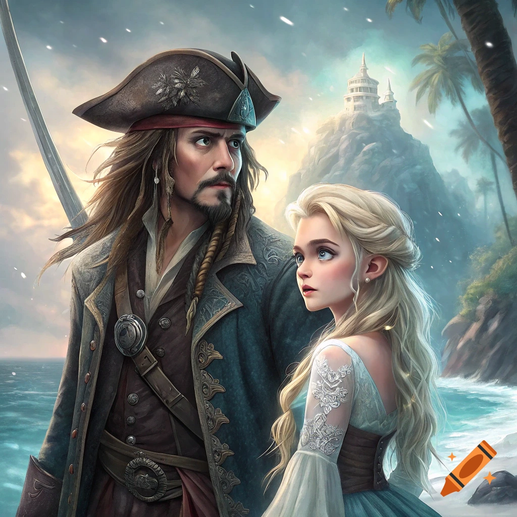Illustrative image of a pirate and a young woman on a beach with a castle in the background.