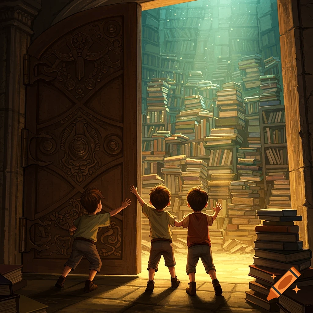 Three boys opening a large door to a vast fantasy library filled with towering book stacks.