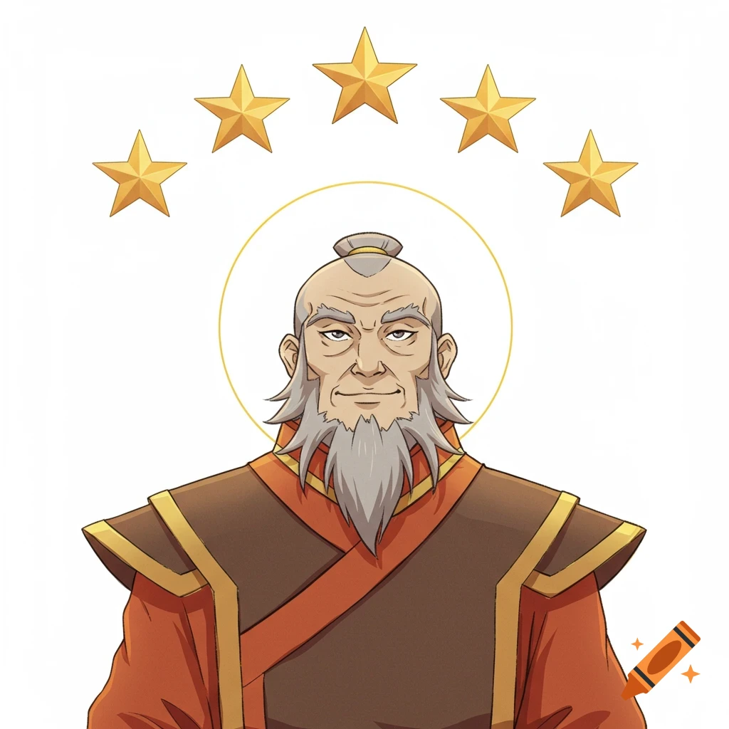 Illustration of General Iroh with a halo and five gold stars above his head