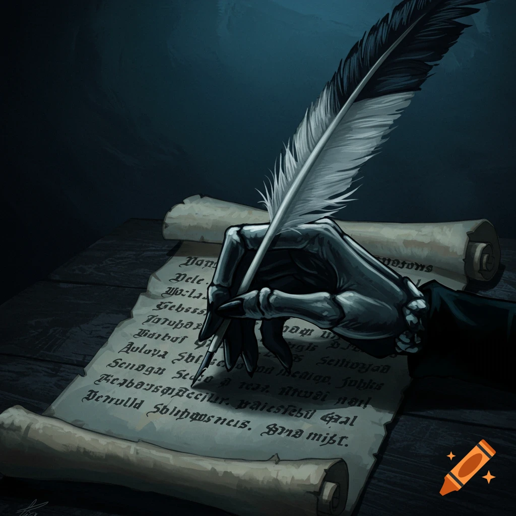 Skeletal hand writing on a scroll with a quill pen in a dark setting.
